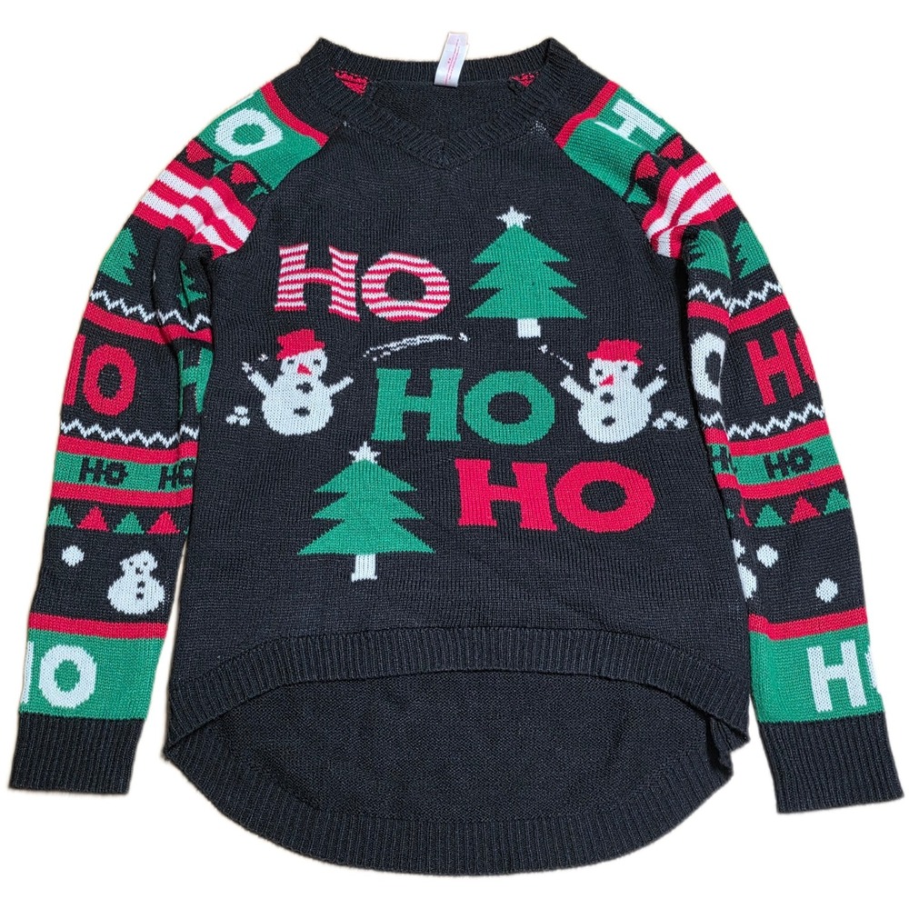 No Boundaries Light Up‎ Christmas Knit Sweater Size L 11-13 Black Snowman Tree
